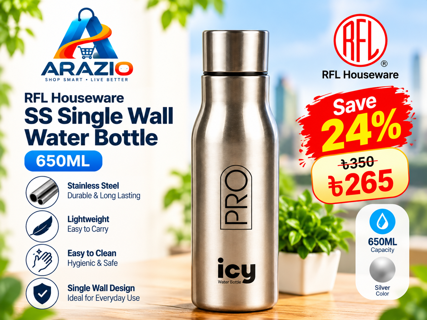 RFL SS Single Wall Water Bottle 650ML(Random Colour) 623363